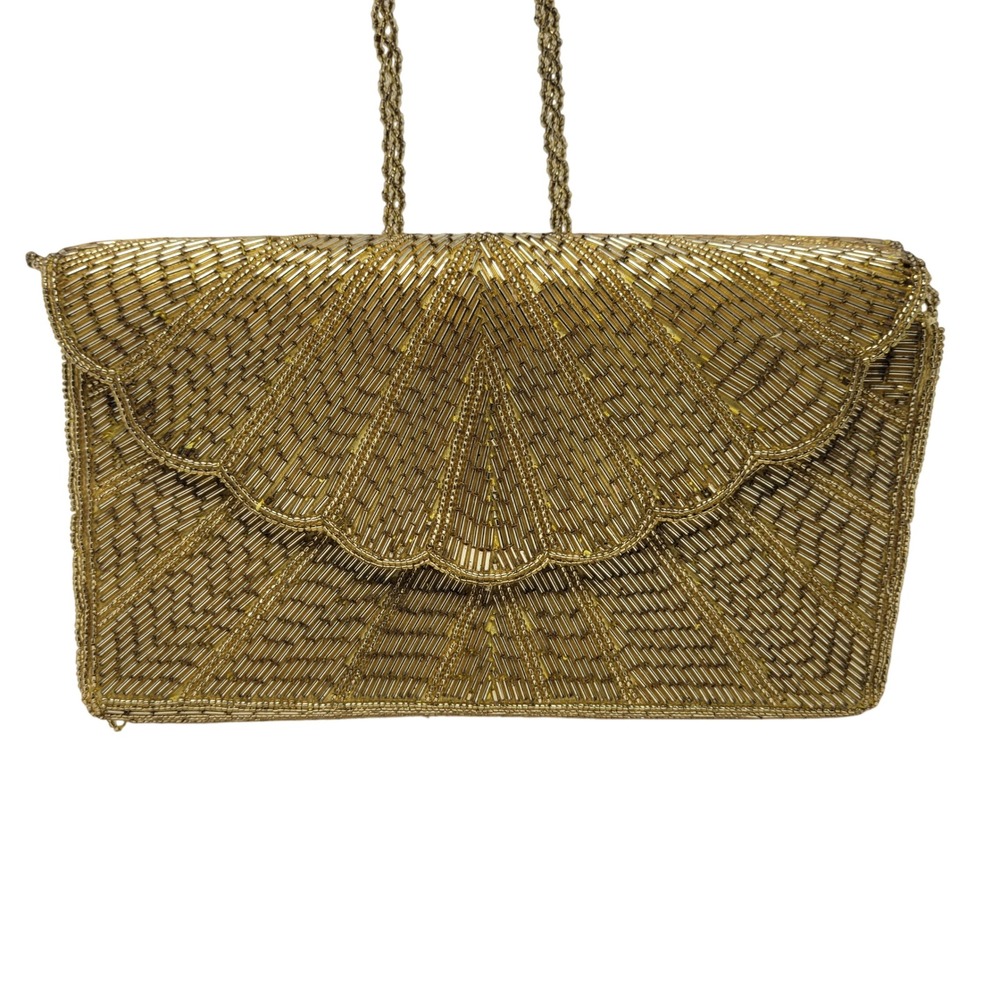 Vtg Formal Gold Beaded Shell Clutch Crossbody Evening Bag Art Deco Scalloped Fan
